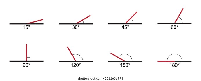 Set of angle degree signs. Collection of various protractor values icons. Geometric or trigonometric measurements. Mathematics symbols isolated on white background. Vector graphic illustration.