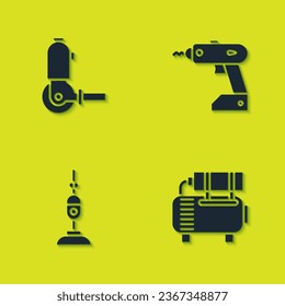 Ajuste el molino de ángulo, el compresor de aire, el limpiador de vacío y el icono del destornillador inalámbrico eléctrico. Vector