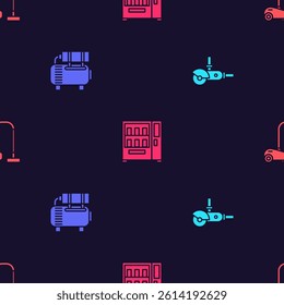 Set Angle grinder, Air compressor, Vending machine and Vacuum cleaner on seamless pattern. Vector