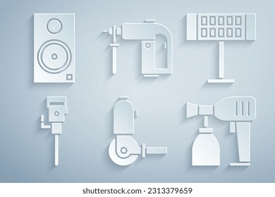 Set Angle grinder, Electric heater, Construction jackhammer, Paint spray gun, Rotary drill machine and Stereo speaker icon. Vector