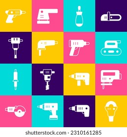 Set Angle grinder, Electric jigsaw, planer tool, Screwdriver, Construction jackhammer, cordless screwdriver and  icon. Vector