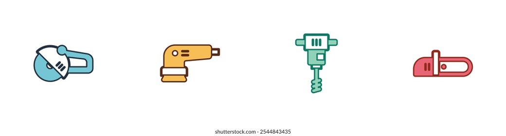 Definir moedor de ângulo, lixadeira elétrica, misturador de concreto manual elétrico e ícone de motosserra. Vetor