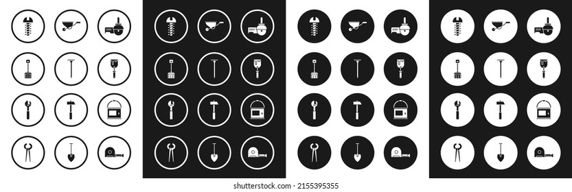 Set Angle grinder, Metallic nail, Snow shovel, screw, Putty knife, Wheelbarrow, Paint bucket and Adjustable wrench icon. Vector