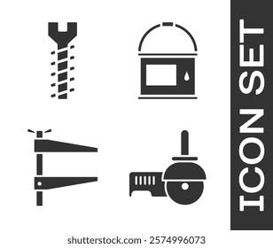 Set Angle grinder, Metallic screw, Clamp tool and Paint bucket icon. Vector