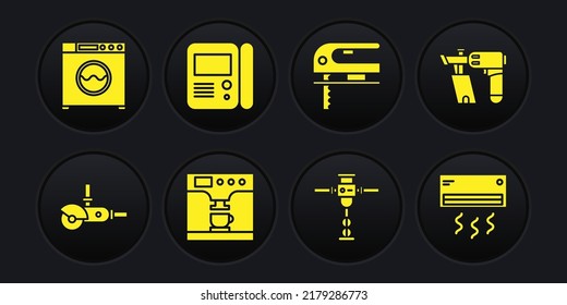 Set Angle-Schleifmaschine, Nagelgewehr, Kaffeemaschine und Tasse, Konstruktionsjackhammer, Elektrische Puppe und Haus-Intercom-System-Symbol. Vektorgrafik