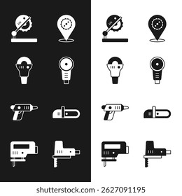 Set Angle grinder, Table saw for woodwork, Circular blade, Electric cordless screwdriver, Chainsaw, jigsaw and  icon. Vector