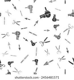 Set Angle grinder, Trowel, Scissors and Chisel tool for wood on seamless pattern. Vector