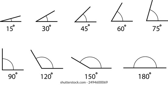 Set of Angle icons. 15, 30, 45, 60, 75, 90, 120, 150, 180 degree measures. Math geometric linear designs element. Trigonometry template. Degree of arc and pie chart isolated on transparent background.