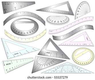Set of angled and bent editable vector rulers, set squares and protractors in plastic and metal
