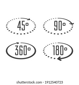Set of angles 45, 90, 180 and 360 degrees icons. Arrows rotation circle symbol set. Geometry math signs symbols. Full complete rotation arrow.