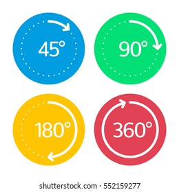 Set of angles 45, 90, 180 and 360 degrees icons. Arrows rotation circle symbol set. Geometry math signs symbols. Full complete rotation arrow.