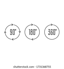 Set of angles 90, 180 and 360 degrees icons. Arrows rotation circle symbol set. Geometry math signs symbols. Full complete rotation arrow.