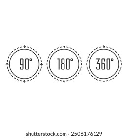 Set of angles 90, 180 and 360 degrees icons. Arrows rotation circle symbol set. Geometry math signs symbols. Full complete rotation arrow.