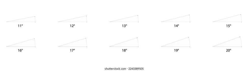 Winkelsatz von 11° bis 20° einzeln auf weißem Hintergrund. Winkel 11, 12, 13, 14, 15, 16, 17, 17, 18, 19, 20 Grad. Vektorgrafik.