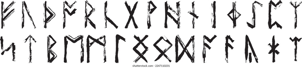 Set of the Anglo-Saxon runes. Runes used by the early Anglo-Saxons as an alphabet in their writing system. Black ink handwriting. Vector