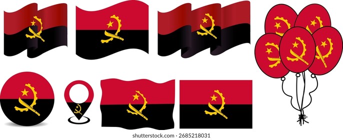 Set von Angola-Flaggendesigns, einschließlich Ballons, Kartennadeln und patriotischen Dekorationen