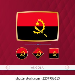 Set of Angola flags with gold frame for use at sporting events on a burgundy abstract background. Vector collection of flags.