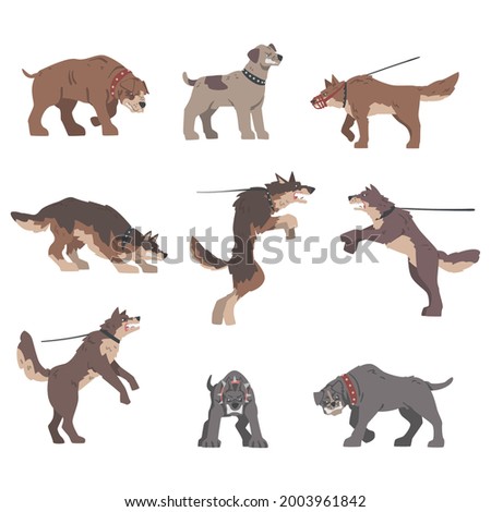 Set of Angry Aggressive Large Dogs Baring its Teeth Vector Illustration