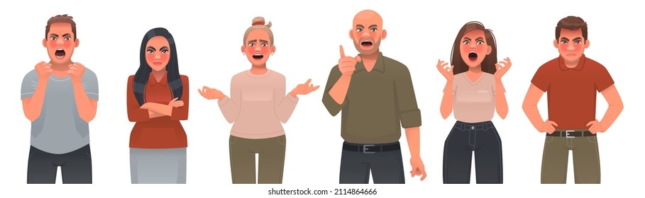 Set of angry aggressive, touchy people. Men and women scream in anger, show discontent and resentment. Expression of negative emotions. Stress, showdown, conflict. Vector illustration in cartoon style