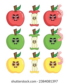 Set of angry apples in different colors. Whole fruit, bitten, and with a worm.