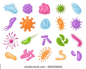 Conjunto de bacterias, microbios y gérmenes irritados aislados. Virus biológicos vectores, microbios oblongos bacterianos patógenos. Microorganismos de dibujos animados de color, gripe microscópica, fiebre y células de coronavirus