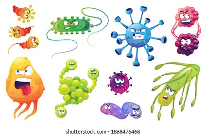 Set of angry bacteria, microbes and germs isolated color cartoon micro organisms. Vector viruses organism funny emoticons isolated on white. Oblong bacterial pathogen characters, biological monsters