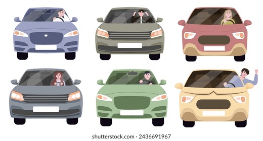 Set of angry car driver shouting in flat design on white background. Driver suffers from migraine and headache while driving car or is nervous getting stuck in traffic jam.