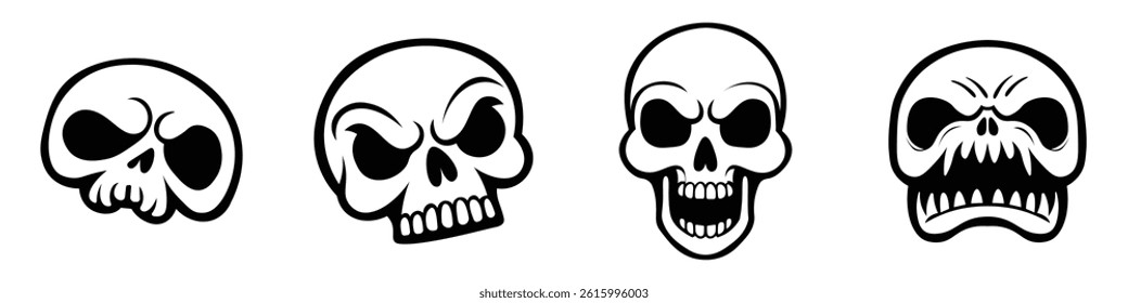 Set of angry cartoon skull vectors with bold outlines in black and white style.