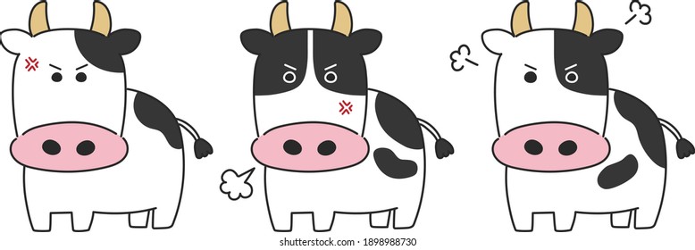 Set of angry cattle. Vector illustration of a comic book design.