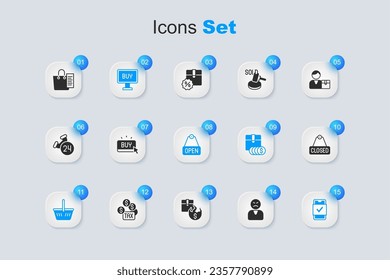 Set Angry customer, Buy button, Shopping basket, Mobile shopping, Hanging sign with text Closed, list and Open icon. Vector