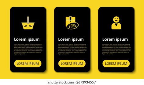 Cliente enojado, caja de cartón con el símbolo libre y cesta de la compra. Plantilla de infografía de negocios. Vector