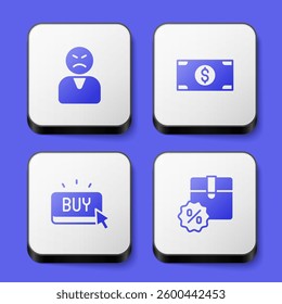 Set Angry customer, Stacks paper money cash, Buy button and Cardboard box with discount icon. White square button. Vector
