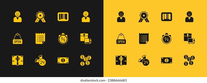 Set Angry customer, Telephone 24 hours support, Stopwatch percent discount, Stacks paper money cash, Wish list template, Barcode, Happy and Stars rating icon. Vector