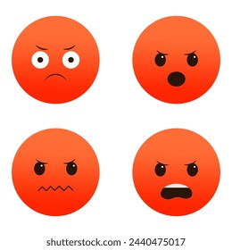 Set of angry emojis. Red faces showing frustration. Variety of displeased expressions. Vector illustration. EPS 10.