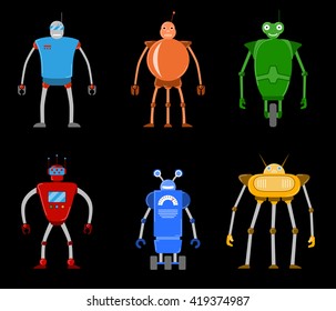Set of angry evil robots. Future vicious mechanical life form. Vector illustration.