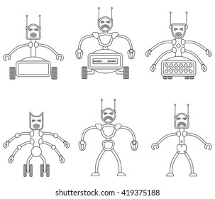 Set of angry evil robots. Future vicious mechanical life form. Vector illustration.