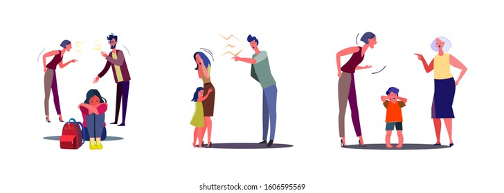 Set of angry families quarrelling. Flat vector illustrations of family conflicts. Quarrel concept for banner, website design or landing web page