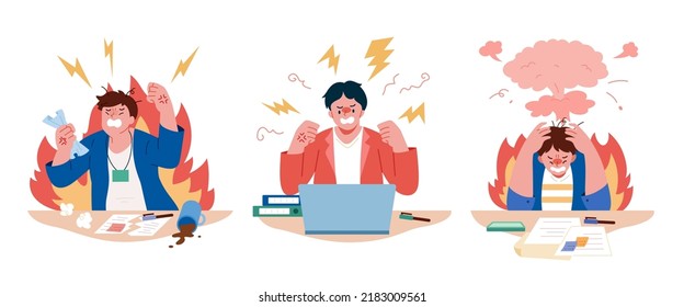 Set Of Angry, Frustrated And Chaotic Characters At Workplace. Flat Illustration Of Businessmen Sitting At Their Desk With Anger.