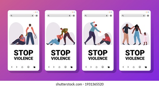 set angry husband punching and hitting wife stop domestic violence and aggression smartphone screens collection full length copy space horizontal vector illustration