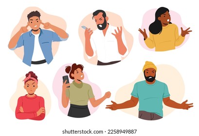 Set of Angry Male and Female Characters, Adult Persons With Scowling Face, Furrowed Brows, Clenched Jaw And Crossed Arms Expressing Disapproval Or Annoyance. Cartoon People Vector Illustration