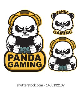 set angry panda gaming mascot logo sport with joystick and headphone. vector