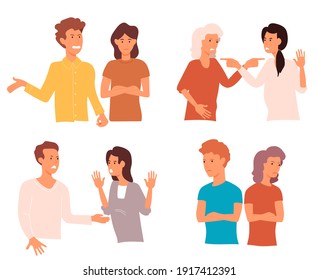 Un grupo de gente enfadada. Disputas agresivas entre hombres y mujeres. Ilustración vectorial colorida aislada en blanco.