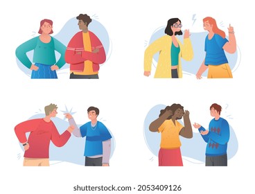 Set of angry people concept. Men and women quarrel with each other. Friends and couples fight and conflict. Bad relationships. Cartoon flat vect modern or collection isolated on white background