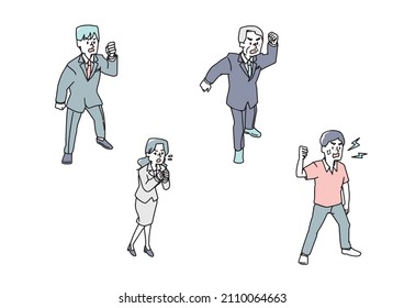 A set of angry people looking down from above, making a fist and getting angry, a warm handwritten illustration of a person