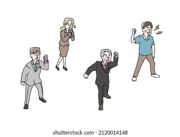 A set of angry people looking down from above. Making a fist and getting angry. A warm handwritten illustration of a person.