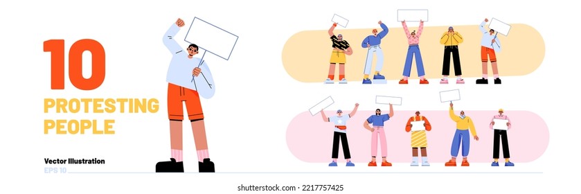 Set of angry people protesting with blank banner templates isolated on white. Male and female activists rallying with posters, chanting on strike. Human rights protection. Flat vector illustration