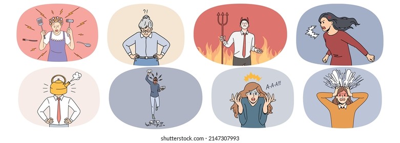 Set of angry people scream and shout feel furious and enraged. Collection of mad men and women show emotions yell and make noise. Rage and fury concept. Vector illustration. 