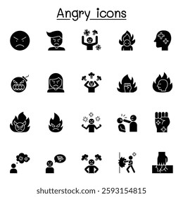 Set of angry Related vector icon set. Contains such icon as crazy, mad, violence, aggressive, boxing, hit, punch and more in glyph style