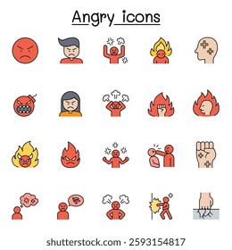 Set of angry Related vector icon set. Contains such icon as crazy, mad, violence, aggressive, boxing, hit, punch and more in color line style