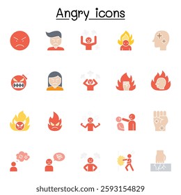 Set of angry Related vector icon set. Contains such icon as crazy, mad, violence, aggressive, boxing, hit, punch and more in flat color style